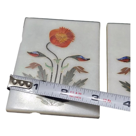 Stone Floral Inlay Coasters Tiles Set of 2 - Picture 4 of 5